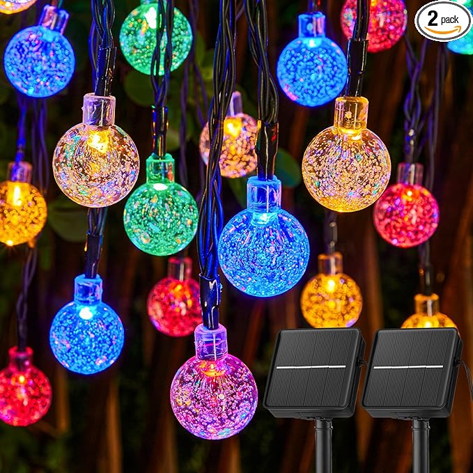 Solar String Lights Outdoor Waterproof, 2-Pack 120 LED 72Ft Total, Crystal Globe Lights with 8 Lighting Modes, Solar Powered Patio Lights for Garden Yard Porch Wedding Party Decor (Multicolor)