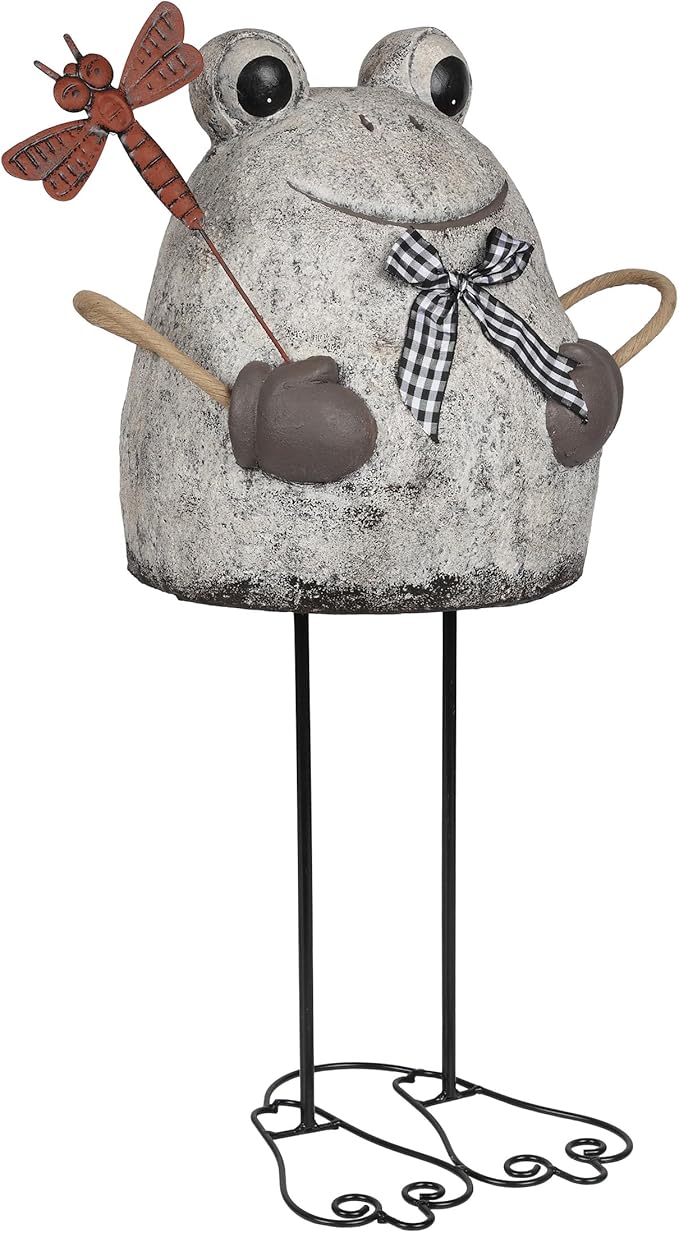 Alpine Corporation MCC862 Indoor/Outdoor Frog with Dragonfly Garden Statue, Stone Finish Frog Statue for Yard, 24" H, Silver