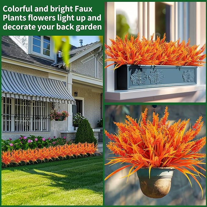 Artificial Fall Flowers for Outdoor Plants 24 Bundles Fake Lavender Plastic Faux Monkey Grass for Verandah Window Garden Office Patio Front Porch UV Resistant for Planter(Autumn Red)