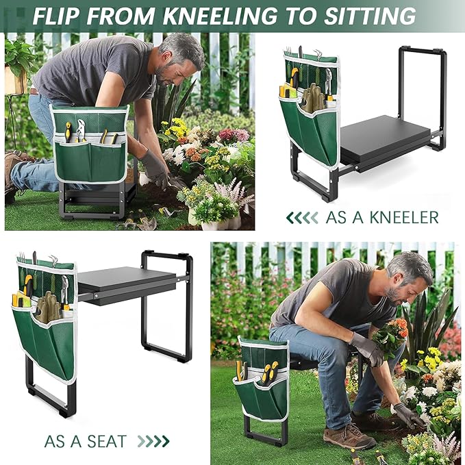FLINTER 10.2" Wider Garden Kneeler and Seat, Upgraded Heavy Duty Thick Gardening Bench for Kneeling and Seat - Garden Tools with Bags, Gardening for Women, Grandparents, Mom & Dad, Black