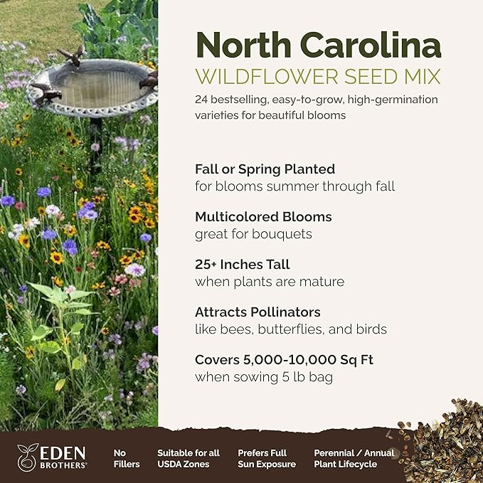 Eden Brothers North Carolina Wildflower Mixed Seeds for Planting, 5 lb, 2,400,000+ Seeds with Cornflower, African Daisy | Attracts Pollinators, Plant in Spring or Fall, Zones 3, 4, 5, 6, 7, 8, 9, 10