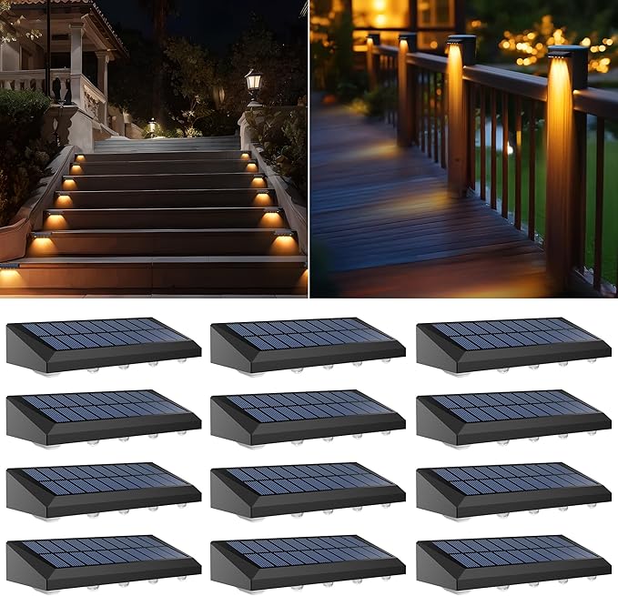 Solar Fence Lights Outdoor Waterproof IP65, 12 Pack Fence Lights Solar Powered 60 Lumens Auto On/Off Step Wall Lights Outside Decorations for Yard, Porch, Patio, Stairs, Pool, Deck, Garden- Warm Light