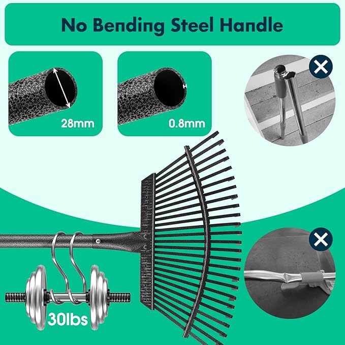 Rake - 65 Inch Long Garden Leaf Rake, 18 Inch Wide Heavy Duty Leaf Rake for Shrub with 25 Metal Tines,Yard Thatching Rake with Ergonomics Adjustable Handle for Picking Leaves,Grass Clippings Garbage