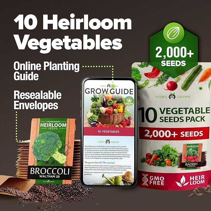 2,000+ Vegetable Seeds for Planting - 10 Heirloom Seeds for Planting Vegetables Indoors or Outdoors: Non-GMO Kale, Lettuce, Tomato, Broccoli, Beans, Peas, Bell Peppers - Home Garden Survival Seeds
