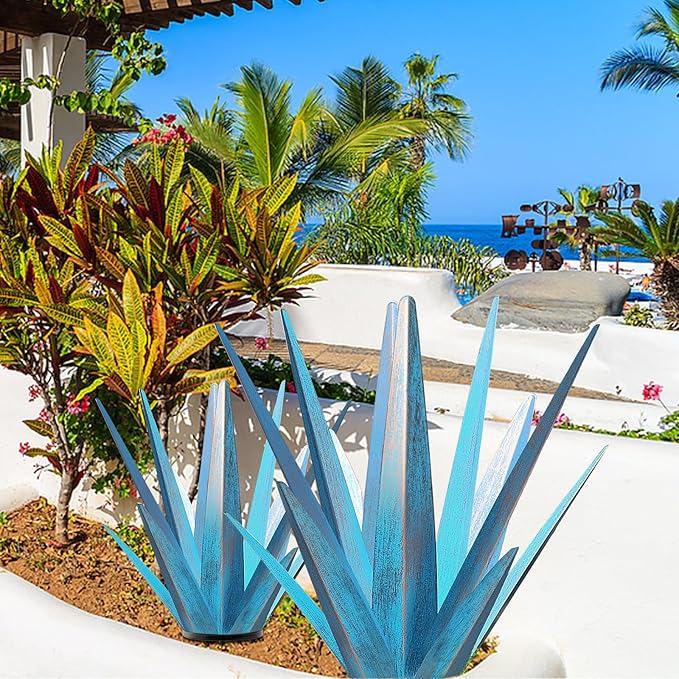 Enlarge Metal Plants Tequila Rustic Sculpture, Outdoor Patio Yard, Home Decor Hand Painted Agave Garden Statue, Outdoor Lawn Ornaments Yard Stakes for Mom Gift (1 Big Blue)