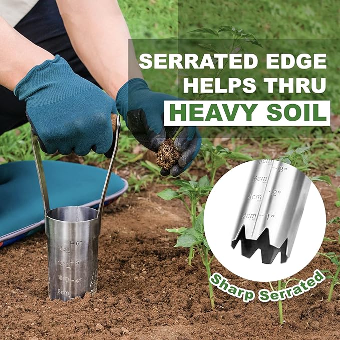 Bulb Planter Tool, 6 Inches Depth Mark Hand Bulb Planter, Non-Bending Stainless Steel Bulb Planter Digger, Garden Bulb Transplanter with Comfortable Grip Wooden Handle for Tulip and Daffodils