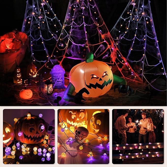 Solar Lights Outdoor Waterproof, Total 36ft 60 LEDs Crystal Globe Lights with 8 Modes, Solar String Lights for Outside, Patio Porch Garden Yard Christmas Wedding Party Decor (Purple and Orange)