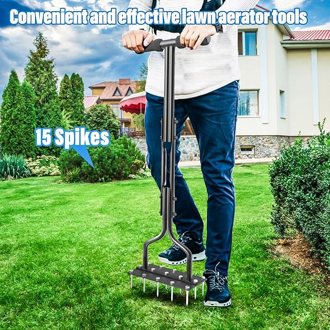 Lawn Aerator, Lawn Spike Aerator Manual Tool with 15 Pieces Solid Steel Spikes, Garden Grass Aeration, Soil Aerating Tool with Clean Tool for Aerating Lawns and Yard Care
