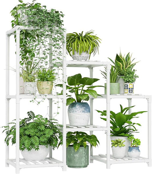 Bamworld Indoor Plant Stand Outdoor White Shelf Bamboo Plant Table for Multiple Plants 3 Tiers 7 Pots Ladder Holder Pot Window Garden Balcony Living Room
