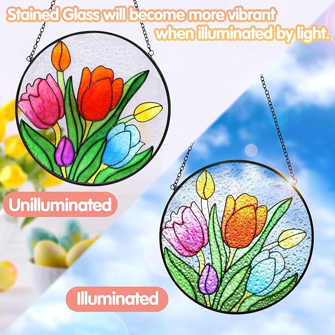 Tuitessine Tulip Suncatcher Stained Glass Window Hanging Panels, 6.3''x6.3'' Round Handmade Hanging Ornament with Chain, Garden Patio Wall Decor Flower Gift for Mom Teachers Friends