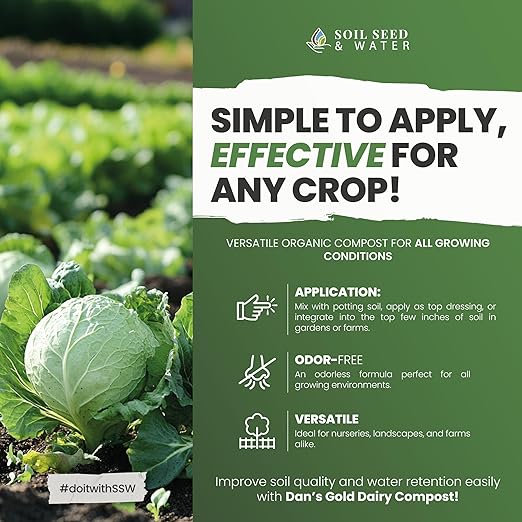 Soil Seed & Water Dan's Gold Organic Dairy Manure Humus Compost Fertilizer - Odor Free for Indoor and Outdoor Use - OMRI Listed