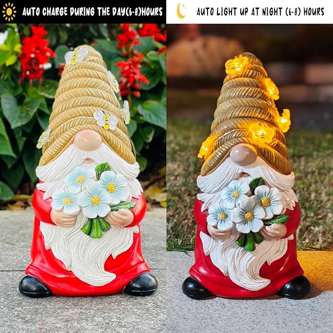 Outdoor Garden Gnomes Statue, Bee Flower Gnome Sculpture, with Solar LED Lights for Yard, Patio, Lawn Ornaments for Garden, Patio Gnome Gifts for Mom