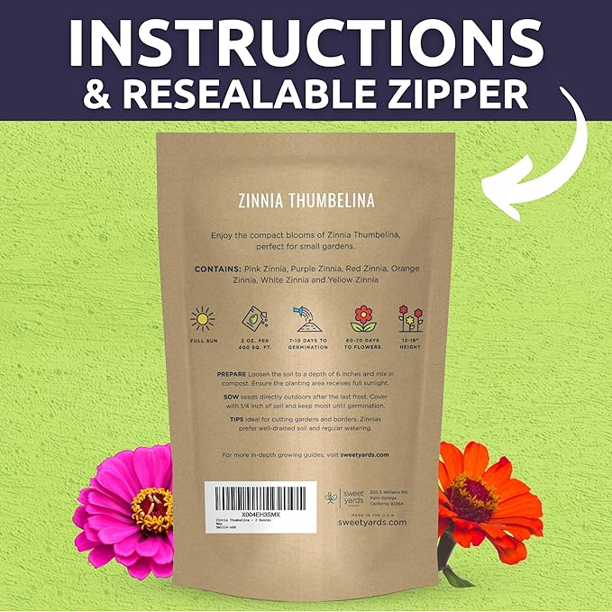 Zinnia Thumbelina Mix - Bulk 2 Ounce Pouch - 10,000 Flower Seeds for Planting - Zinnia elegans