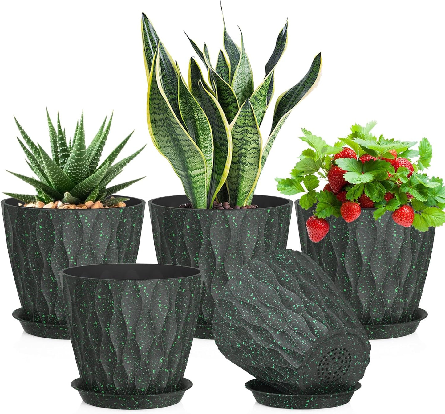 7 inch Plant Pots for Indoor Outdoor Plants, 5 Pack Thick Flower Pots with Drainage Holes and Saucers, 3D Modern Wave Texture Plastic Planter Nursery Pots, Black with Green Speckles