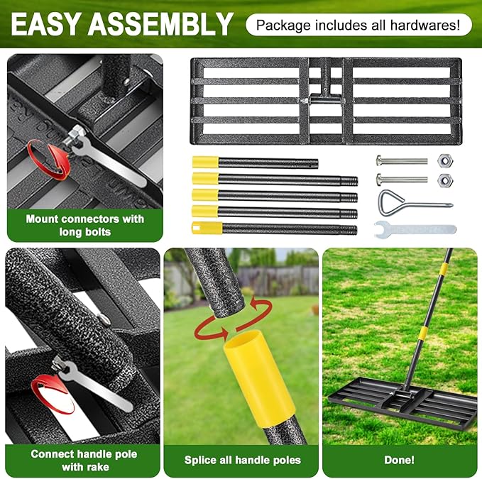 Lawn Leveling Rake, Large Levelawn Tool, 5FT Adjustable Handle Leveling Tool Heavy Duty Stainless Steel Lawn Leveler for Yard Garden Golf Course Soil Grass