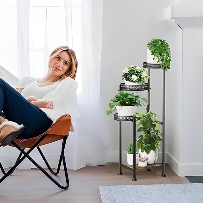 4 Tier Plant Stands Indoor Clearance , 31.5 Tall Corner Plant Shelf for Multiple Plants, Black Metal Wood Tall Plant Display Rack Flower Holder for Patio Porch Garden Balcony Bedroom