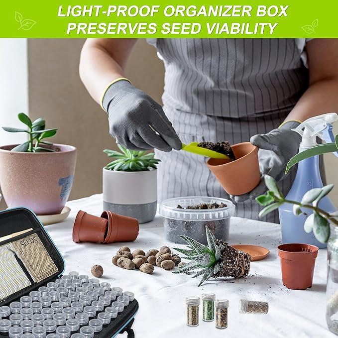 60 Slots Seed Storage Organizer Box with 10 Seed Envelopes, Large Capacity Seed Storage Container with Zipper Bag, Label Stickers, Tweezers, Funnel, Garden Seeds Saver Kit for Vegetable, Flower