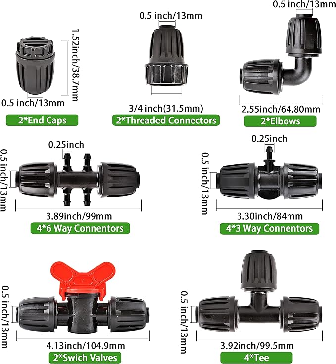 20Pcs Drip Irrigation Fittings Kit Connectors for 1/2 Inch Tubing, PE Tubing Fittings - 2 Switch Valves, 4 Tee, 2 End, 4 1/2" to 1/4" Tee,2 Elbows 2 Thread Adapters,4Pcs 1/2" to 1/4" Six Way