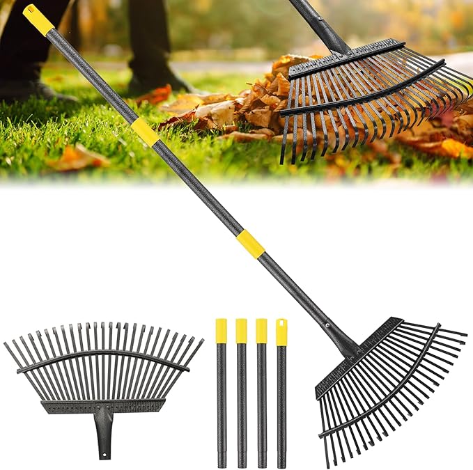 Rake, Garden Rake for Leaves, Heavy Duty Metal Leaf Rake with 37-79 inch Adjustable Long Steel Handle, 25 Tines 18" Wide Yard Rake for Lawns Flower Bed Grass Mulch Shrub Camping Gardening