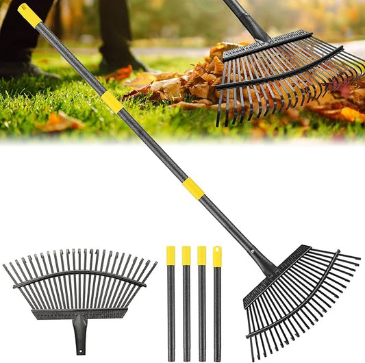 Rake, Garden Rake for Leaves, Heavy Duty Metal Leaf Rake with 37-79 inch Adjustable Long Steel Handle, 25 Tines 18" Wide Yard Rake for Lawns Flower Bed Grass Mulch Shrub Camping Gardening