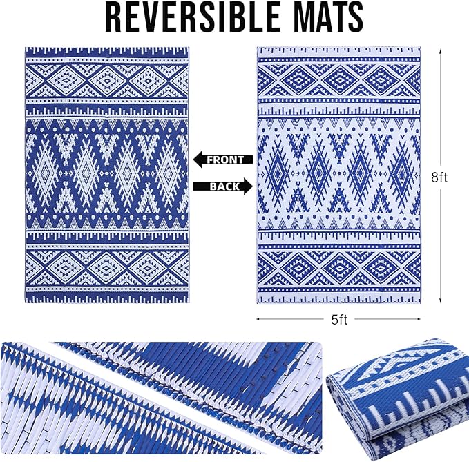 OLANLY Outdoor Rug Waterproof 5x8 ft, Reversible Outdoor Plastic Straw Rug, Boho Patio Rug, Indoor Outdoor Carpet, RV Mat Outside for Patio, Camp, Picnic, Balcony, Deck, Backyard, Blue & White