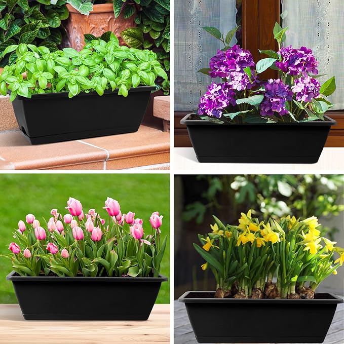 8pcs Window Box Planter,17 Inches Flower Window Boxes,Rectangle Planters Box with Drainage Holes and Trays, Plastic Vegetable Planters for Windowsill Patio Garden Home Decor Porch Yard (Black)