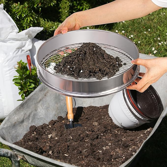 Suwimut Soil Sifter for Gardening, 12 Inch Large Stainless Steel Soil Sieve with 0.39 Inch Mesh, Garden Sifting Screen for Dirt, Sand, Rock, Filtration, Compost and Bonsai