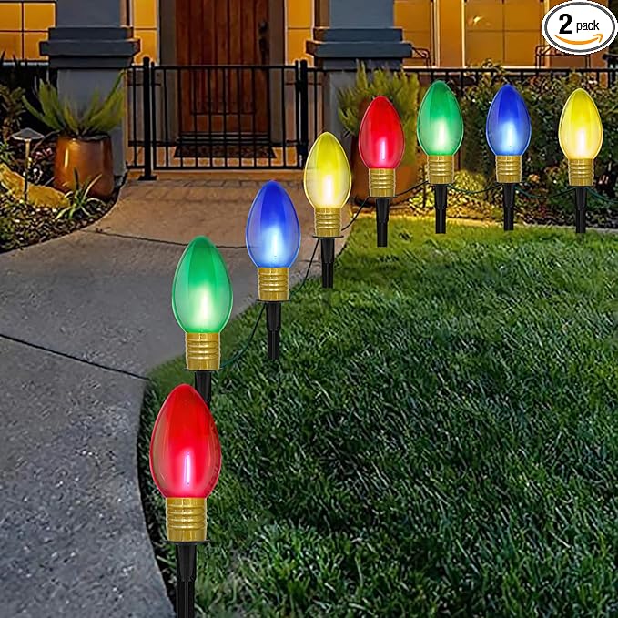 Jumbo C9 Christmas Pathway Lights Outdoor, 2Pk Total 14Ft Outdoor Christmas Decorations with 8 LED Jumbo C9 Clear Multicolor Light Bulbs, Christmas Walkway Lights for Lawn Holiday Yard Garden Sidewalk