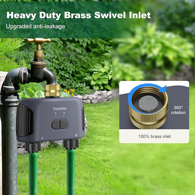 WiFi Water Timer 2 Zones, Smart Sprinkler Timer for Garden Hose, APP Remote Control, Voice Control, Rain Delay and Manual Mode for Yard Lawn Watering, Brass Inlet