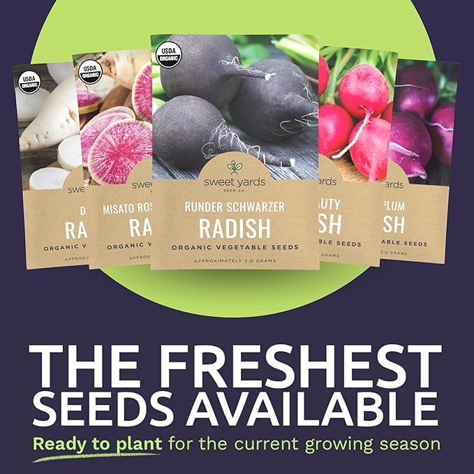 Organic Radish Seeds Variety Pack - 10 Individual Packs - 2025 Season - Pink Beauty, Purple Plum, French Breakfast, Misato Rose and More! for Indoor & Outdoor Planting (Non-GMO, Certified Organic)