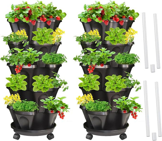 Strawberry Vertical Planters 2 Pack, 5 Tiered Stacking Tower Garden with Support Pole, Stackable Herb Vegetable Planters Indoor Outdoor Black