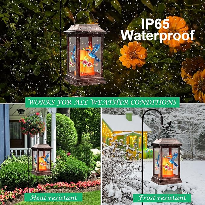 Solar Lanterns, Hummingbird Outdoor Hanging Lanterns, Metal Solar Lights, Gardening Gift for Mom Women Mother's Day, Garden Decor for Outside Porch Table Patio Yard, Grave Decorations for Cemetery
