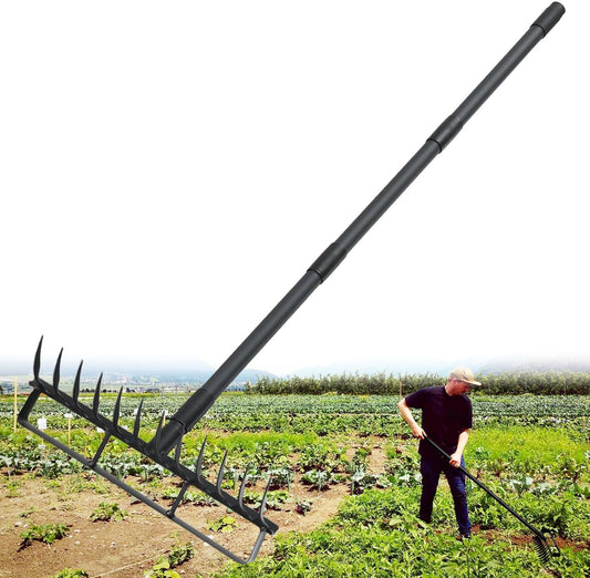 Stirrup Hoe with 76.8" Adjustable Long Handle Hula Hoe Weed Puller Heavy Duty Garden Hoe with 12 Tines Rake 2-in-1 Gardening Tool for Loosening Soil, Gathering Leaves, Weeding