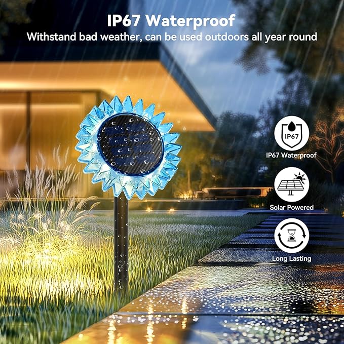 Outdoor Solar Lights, 4 Pack Led Solar Sunflower Lights, Stake/Wall 2-in-1 Waterproof Solar Garden Lights for Yard, Landscape, Fence, Patio, Driveway, Pathway, Backyard Decoration (Warm White)