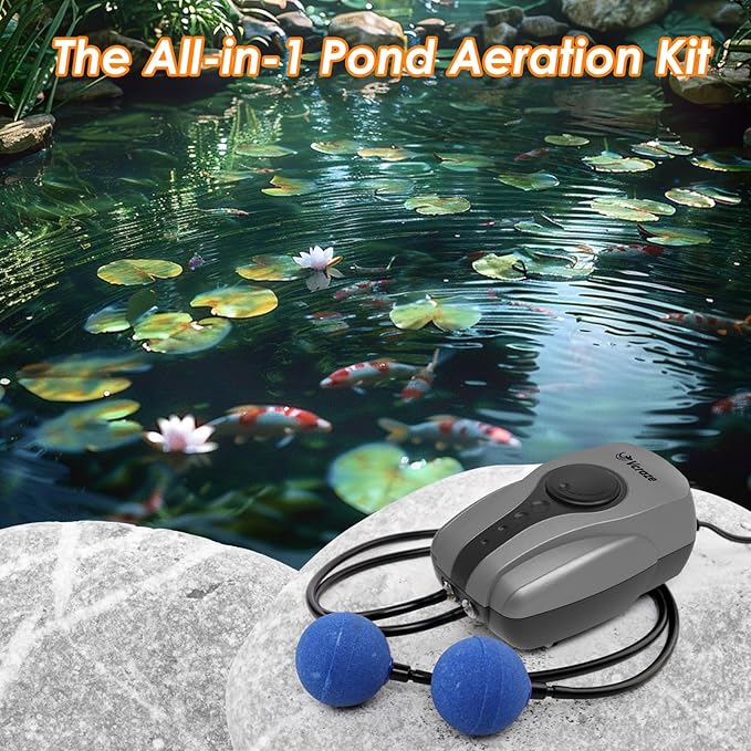 Pond Aerator Pump Pond Aeration Kit with Check Valves Air Stones Airline Tubing, All-in-1 Pond Deicer Pond Air Pumps for Outdoor Ponds up to 2000 Gallon