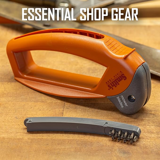 Smith’s 50603 Handheld Lawn Mower Blade Sharpener - Oversized Handle & Large Safety Guard - Durable Plastic - Easy to Use - Wire Cleaning Brush - Preset Carbide Blade - Gardening Lawn Care Tools