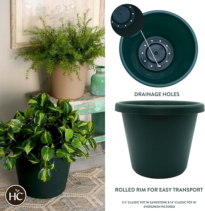 The HC Companies 14 Inch Round Classic Planter - Plastic Plant Pot for Indoor Outdoor Plants Flowers Herbs, Evergreen
