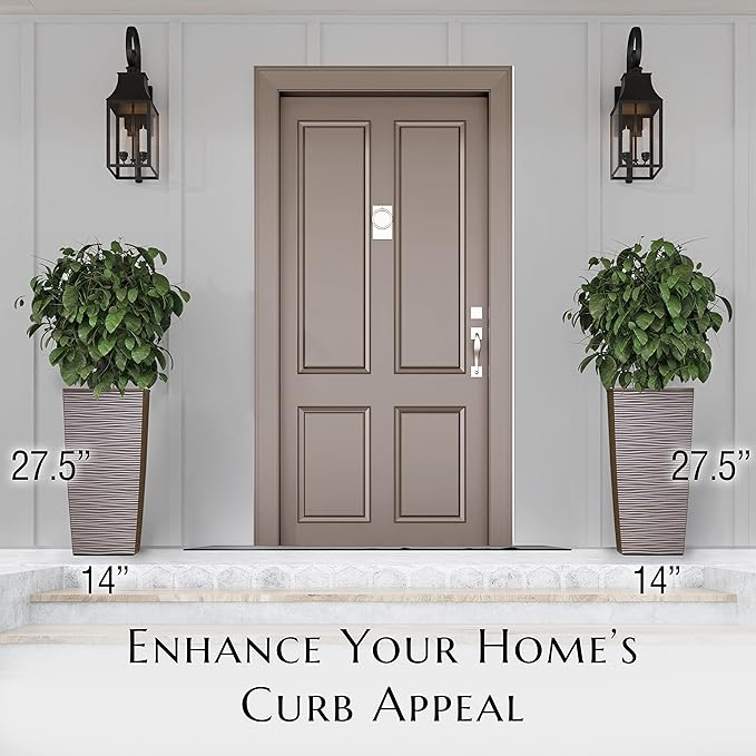 Mueller M-Resin Heavy Duty Tall Planter, Indoor/Outdoor Grande Plant, Tree, Flower Pot, 2-Piece Set, 27.5”, Modern Design, Built-in Drainage, Mocha