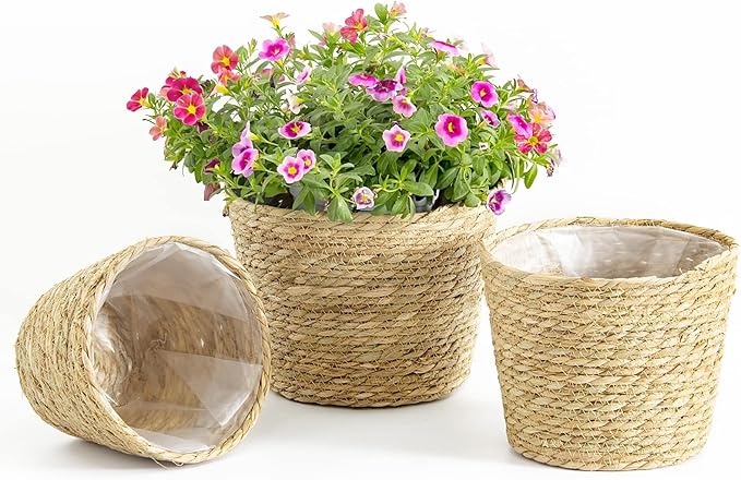 Plant Baskets for Indoor Plants, Seagrass Flower Plant Pots Cover Storage Basket for Organizing,9.8 inch,Brown Set of 3