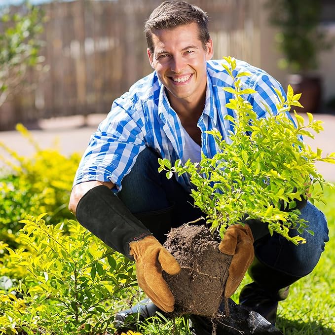 HANDLANDY Pruning Gloves Long for Men & Women, Pigskin Leather Rose Gardening Gloves- Breathable & Durability Gauntlet Gloves (Black-brown, X-Large (Pack of 1))