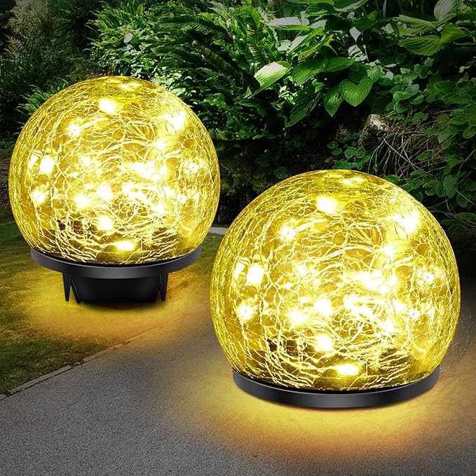 Solar Garden Lights, 4 Pack 120 LED Warm White Cracked Glass Outdoor Decorative, Upgraded Waterproof Ball for Yard Pathway Patio Lawn Christmas Outside Decor, 3.94"