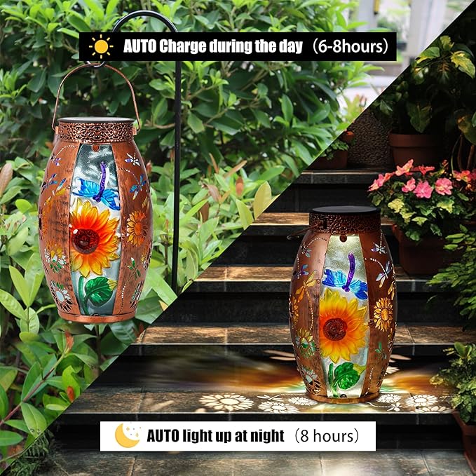 Solar Lanterns Outdoor Hanging Light - Sunflower Dragonfly Solar Powered LED Glass Lights Decorative Waterproof Tabletop Lamp with Hollowed-Out Design for Yard Table Patio Garden Pathway Holiday