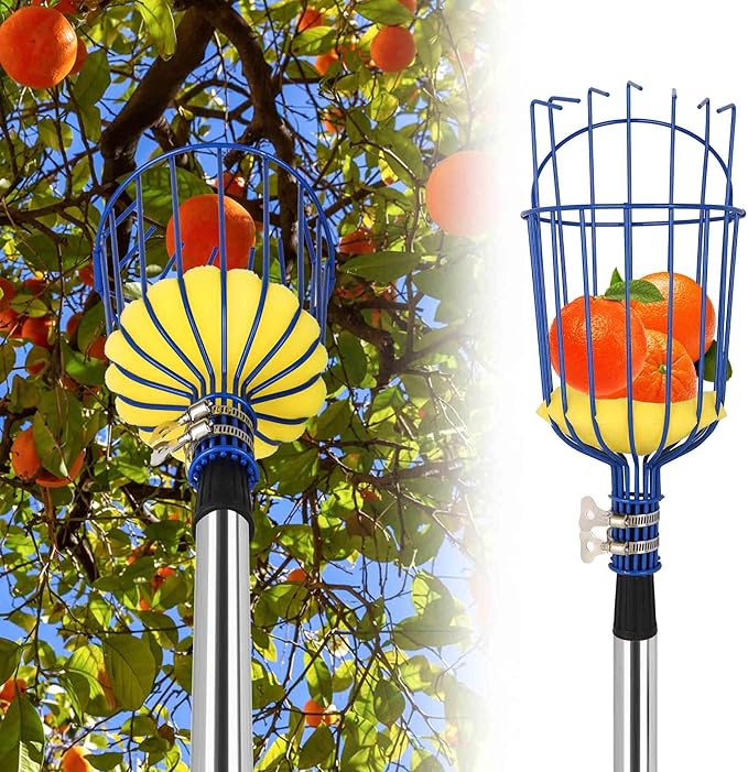 Fruit Picking Tool 2 Pieces, with Basket and 62.9-inch Fruit Picking Rod, The Rod can Connect up to 6 Parts, Reach a Length of 98 inches (with Storage Bag)