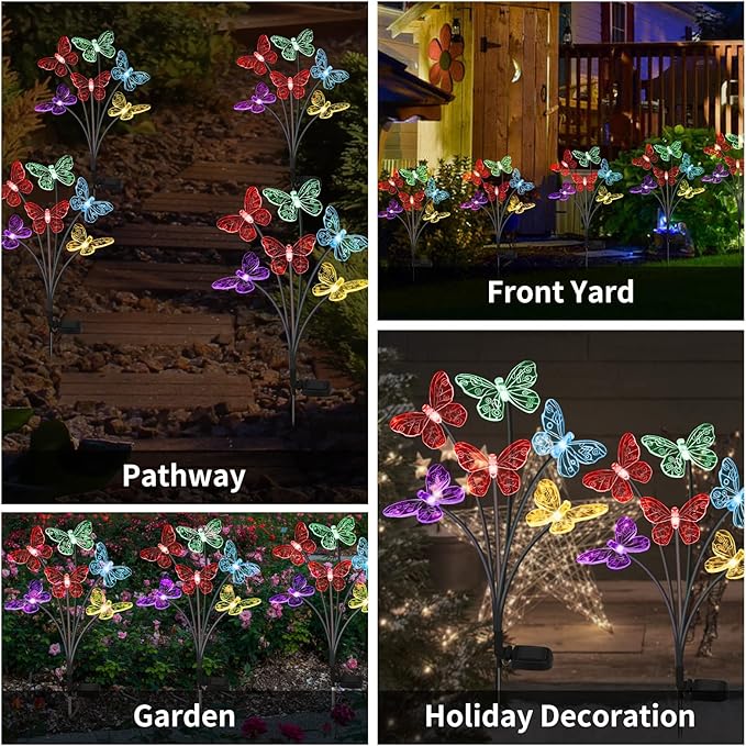 Solar Butterfly Lights Outdoor, 2 Pack with 12 Swaying Garden Lights, Waterproof, Changing Color for Yard Pathway Decor