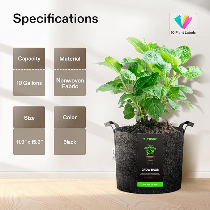 VIVOSUN 20-Pack 10 Gallon Grow Bags, Heavy Duty Thickened Nonwoven Fabric Pots with Handles for Flowers Fruits and Vegetables Black