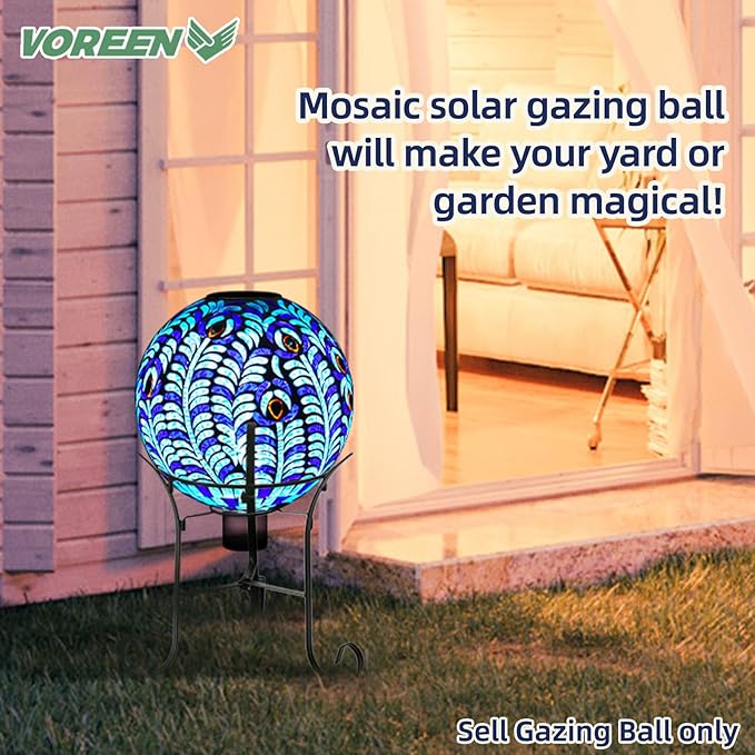 VOREEN Solar Gazing Ball, Mosaic Glass Gazing Globe with Solar Light, Waterproof Outdoor Yard Decoration Sphere for Homes, Patio, Lawn and Gardens, 10", Blue