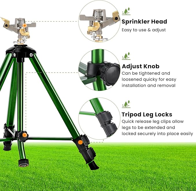 Lawn Sprinklers for Yard, Pattiumo 360°Tripod Sprinklers for Yard Large Area, 3/4" Connector, Adjustable Height 16-37”, Heavy Duty Sprinklers for Garden/Yard/Patio, 1Pack