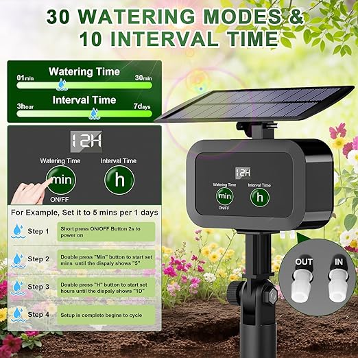 LCD Display Solar Drip Irrigation System Kit, 30 Working Modes & 10 Watering Interval Solar Powered Drip Irrigation Kit Supports 15 Potted Plants, 2200mAh Automatic Watering System for Garden