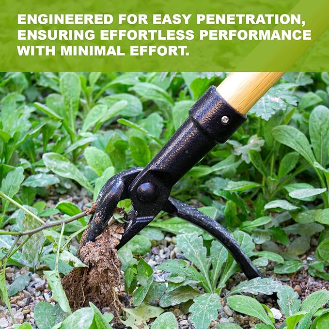 46 Inch Weed Puller Tool with Long Handle, Bamboo Grip & 4 Claw Steel Head, 3-Section Design for Easy Weed Removal Without Bending, Pulling or Kneeling, Durable Stand Up Gardening Tool