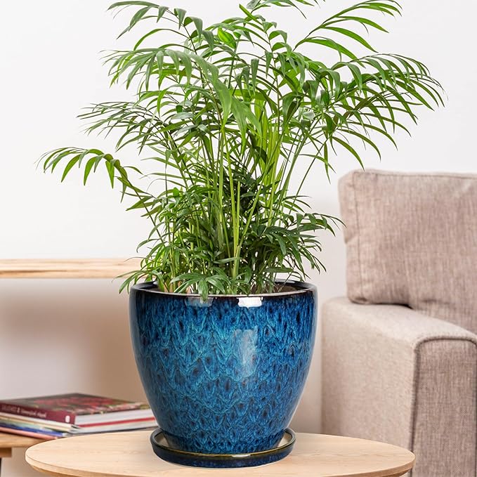 8 Inch Ceramic Planter Pot with Drainage Hole and Saucer, Ceraimc Plant Pot Round Flower Pot for Indoor Plants Outdoor Garden Planter, Blue